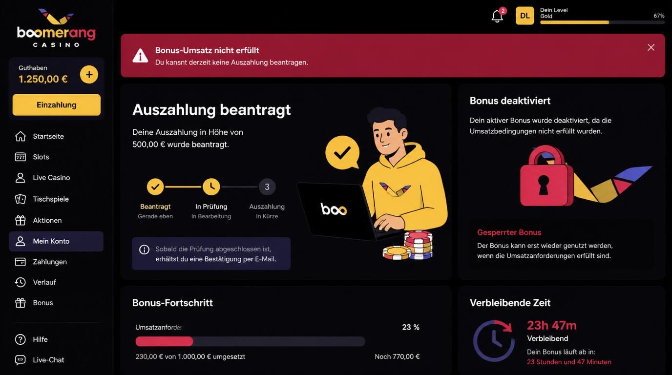 Spieler versucht Auszahlung vor Umsatzbedingungen – Warnung sichtbar auf Casino-Benutzeroberfläche