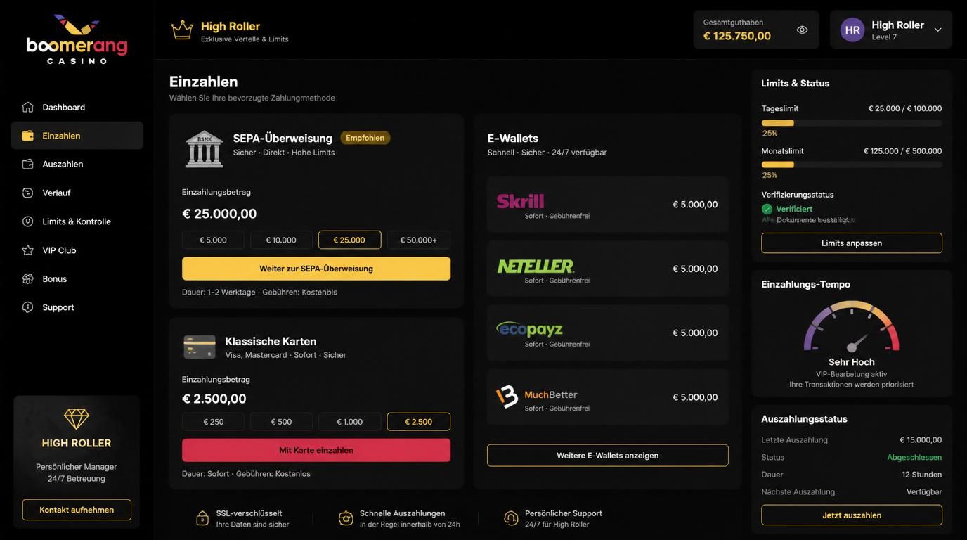 Ein Dashboard mit Limits und Transaktionen für High Roller.