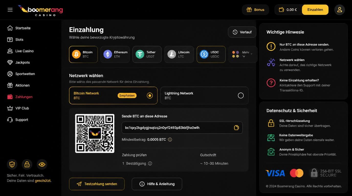 Wallet mit Kryptowährungen, QR-Code, Netzwerkwahl und Datenschutz.