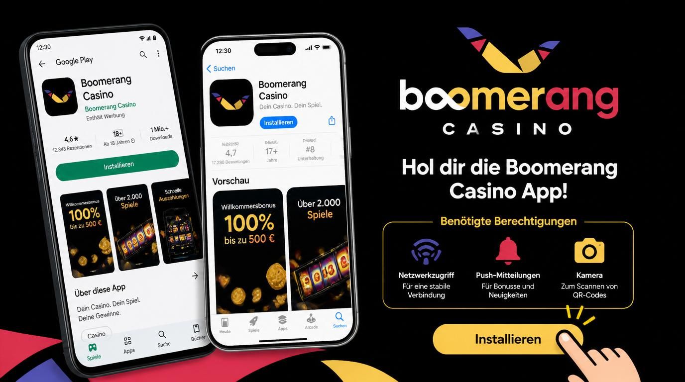 Smartphone zeigt Boomerang Casino App-Installationsbildschirm.