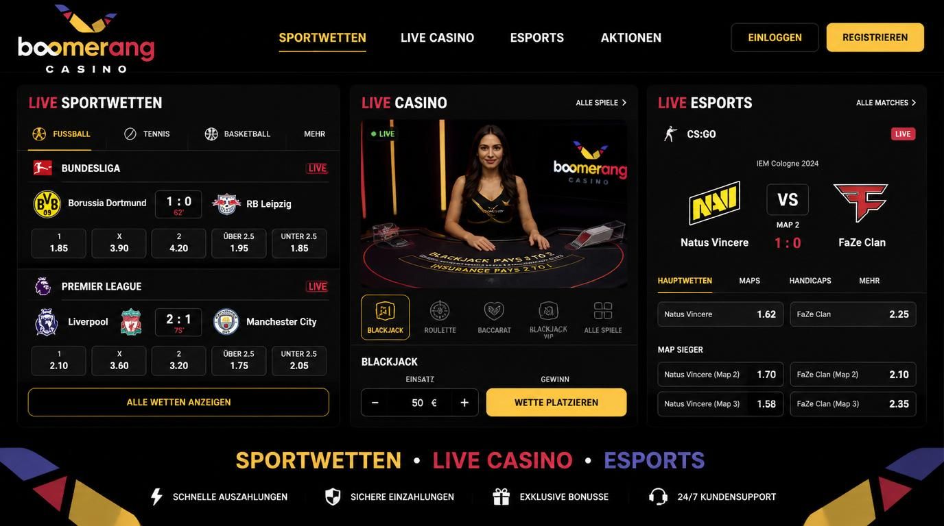 Live-Sportwetten mit Casino-Ambiente und Esports Darstellung.