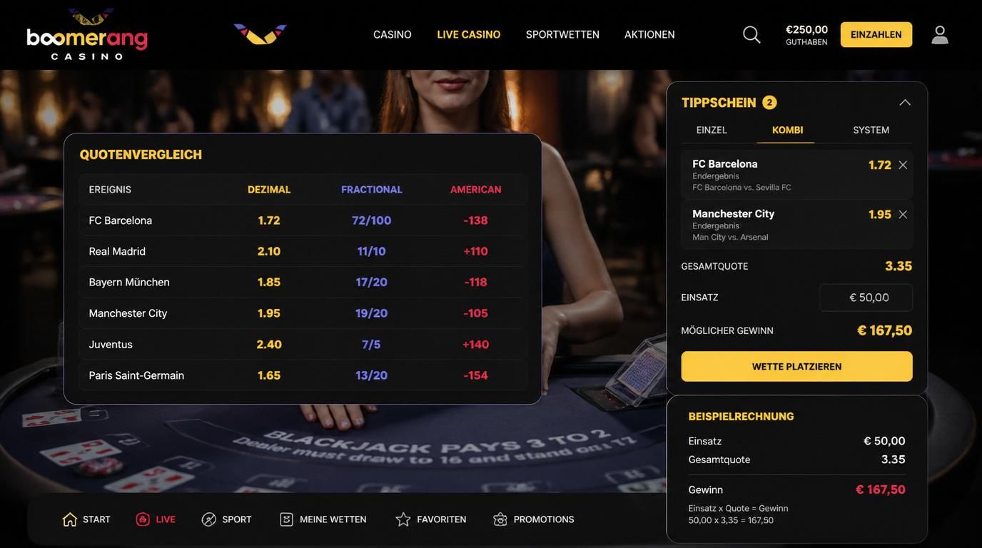 Quotenformate und Einsatzanzeige im Live Casino.