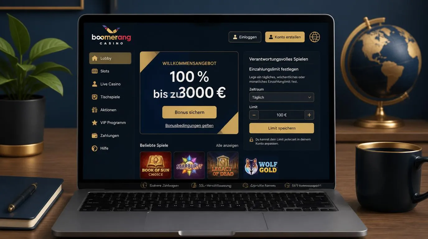 Casino-Oberfläche mit Willkommensangebot, Bonusbedingungen und gut sichtbarem Einzahlungslimit