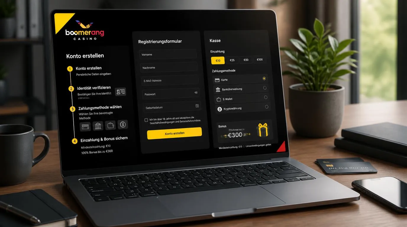 Casino-Registrierung und Kasse mit Auswahl von Zahlungsmethoden auf einem Laptop