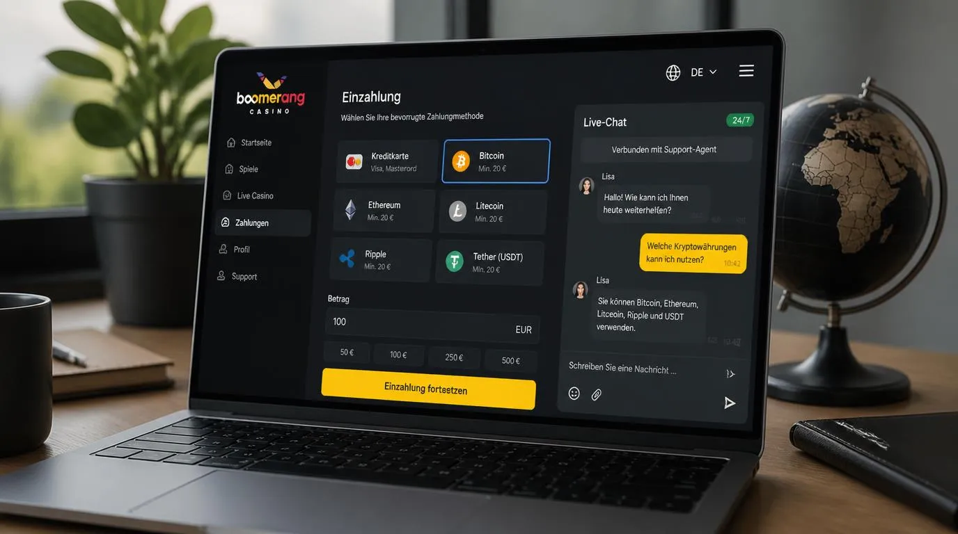 Casino-Oberfläche mit Krypto-Einzahlung und geöffnetem Live-Chat auf einem Laptop