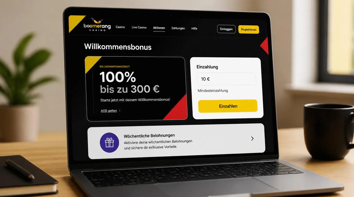Bonusübersicht mit 100% bis zu 300 € und einem Hinweis auf 10 € Mindesteinzahlung