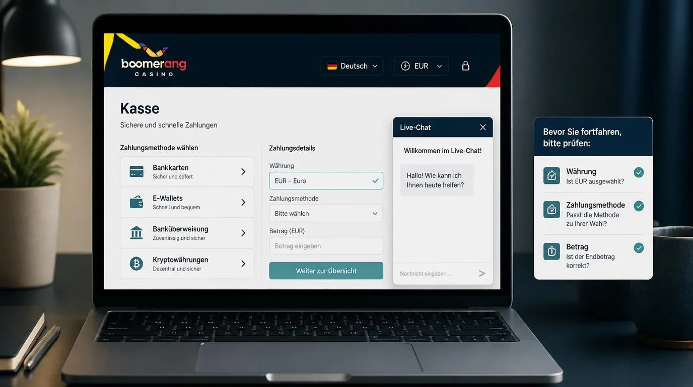 Casino-Kasse mit Sprachauswahl, EUR-Kontowährung, Zahlungsarten und geöffnetem Live-Chat