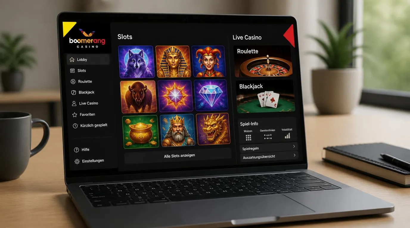 Casino-Lobby mit Slot-Kacheln und digitalen Tischspielen auf einem Laptop